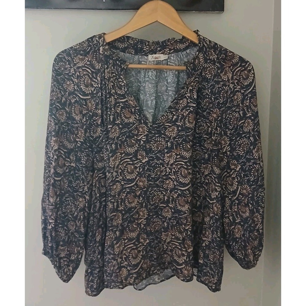 Faherty Portia V-Neck Blouse Size Medium Brown Floral Peasant Boho Puff Sleeve